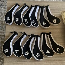 Andux Number Print Golf Iron Club Head Covers Long Neck With Zipper 12pcs Set Black and White