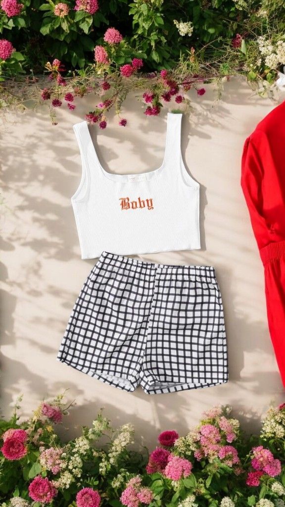 Letter Embroidery Plaid Pajama Set