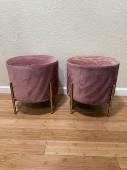 Pair of Pink Velvet Ottomans with Gold Legs