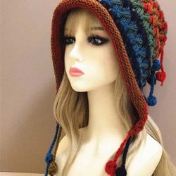 Women's Winter Crochet Colorful Pom Pom Beanie With Tassel Tie, Braided Design Warm Earflap Hat, Knit Hat With Contrast Colors For Daily