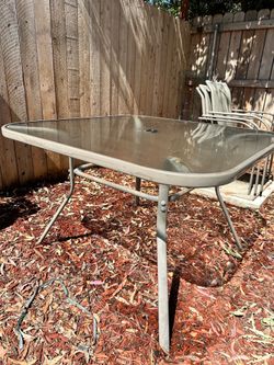 Glass Square Patio Table + 4 Chairs + Umbrella Stand