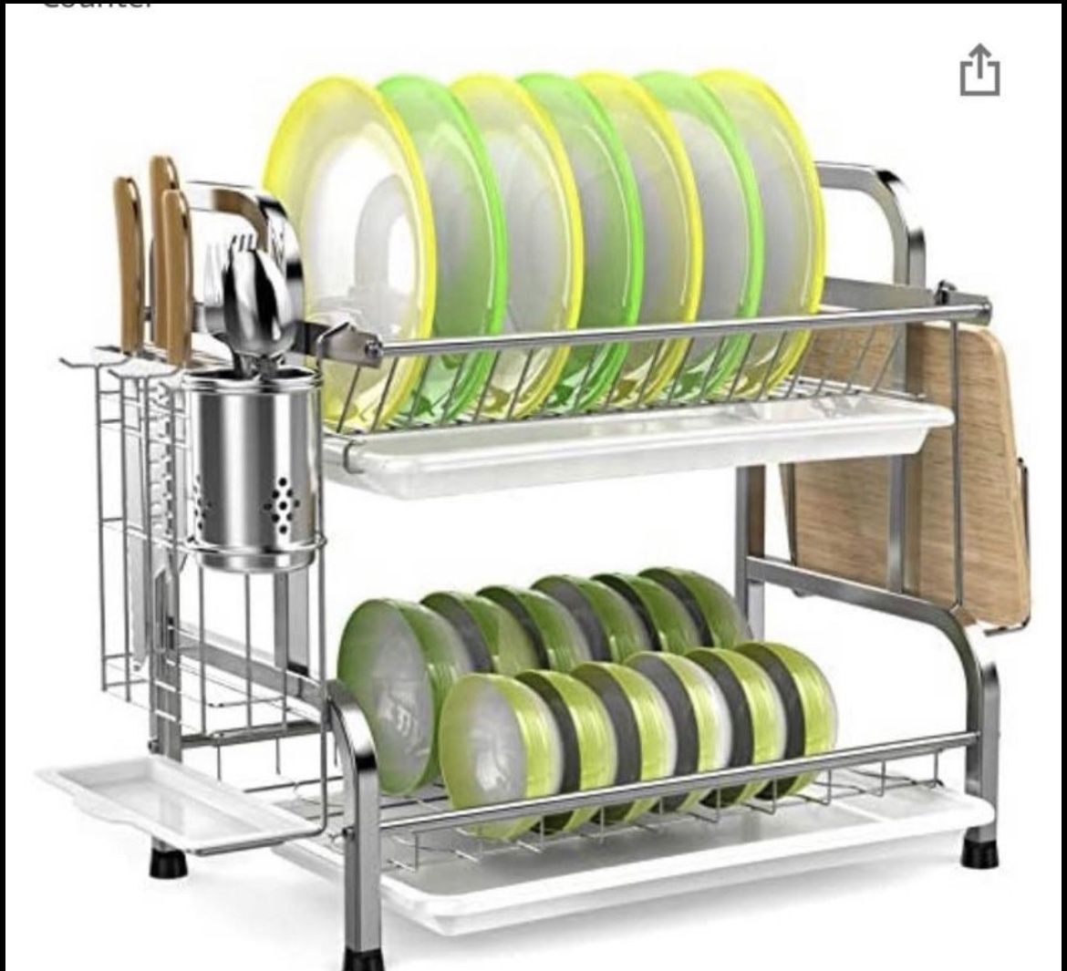 Dish drying rackstainless Steel 2-Tier Dish Rack with Utensil Holder, Cutting Board Holder and Dish