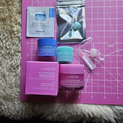 4pc LANEIGE Lot w/20g SWEET CANDY & 3g MINT CHOCO LIP SLEEPING MASKS, APPLICATORS & SLEEVES, 4 HIGH-END FREEBIES 
