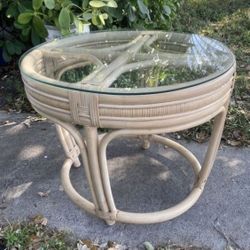 Vintage Coastal Wrapped Rattan Drum Style Oval End Tables 