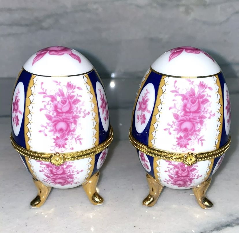 Vintage Napoli Porcelain Gilt White & Pink Egg Cups Trinket Boxes Pair