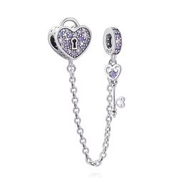 Fashion 2pc Heart & Key Safety Chain Charm w/ Pink/Purple Crystals Silver Alloy