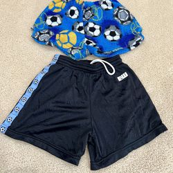 2 soccer themed shorts (soft fleece and gym shorts) size 6/6x 