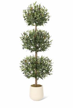 T) 5FT Artificial Olive Tree, Triple Ball Topiary Fake Plants Outdoor Indoor Realistic Faux Shrubs Tree with Moss & Pots, Round Bushes Fake Shrubs Pot