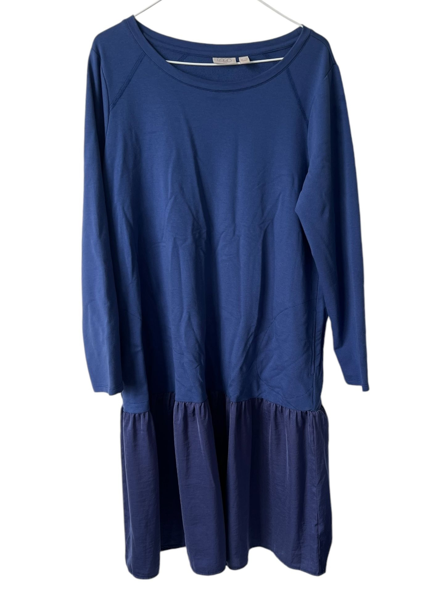 LOGO by Lori Goldstein - French Terry Dress with Woven Hem - Twilight Blue Sz L Comes from smoke and pet free home. Measurements are in the picture