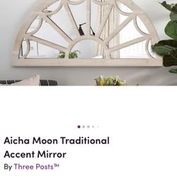 Window Pane Design Half Crescent Moon Shaped Wooden Wall Mirror 39”w X 20”h