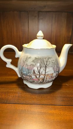 Vintage 1977 Avon Sales Award Porcelain Teapot - Currier & Ives "The Old Grist Mill" Winter Scene