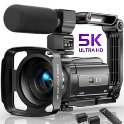 5K Video Camera, 48MP UHD Wifi IR Night Vision, 16X Digital Zoom Touch Screen External Microphone, Lens Hood, Stabilizer, Remote, 2 Batteries