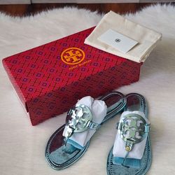 NWT Tory Burch Miller Mirrored Metallic Teal Sandals Size 8