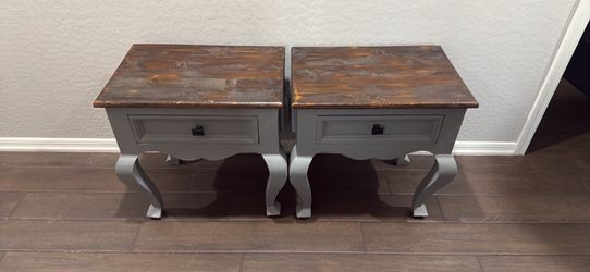 Pair of Two-Tone Gray and Wood Nightstands