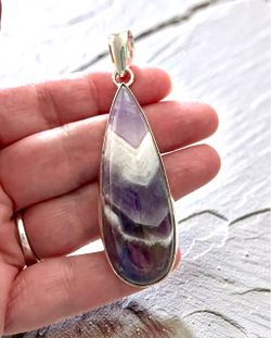 Large Teardrop Natural Chevron Amethyst 2.5” Silver Pendant