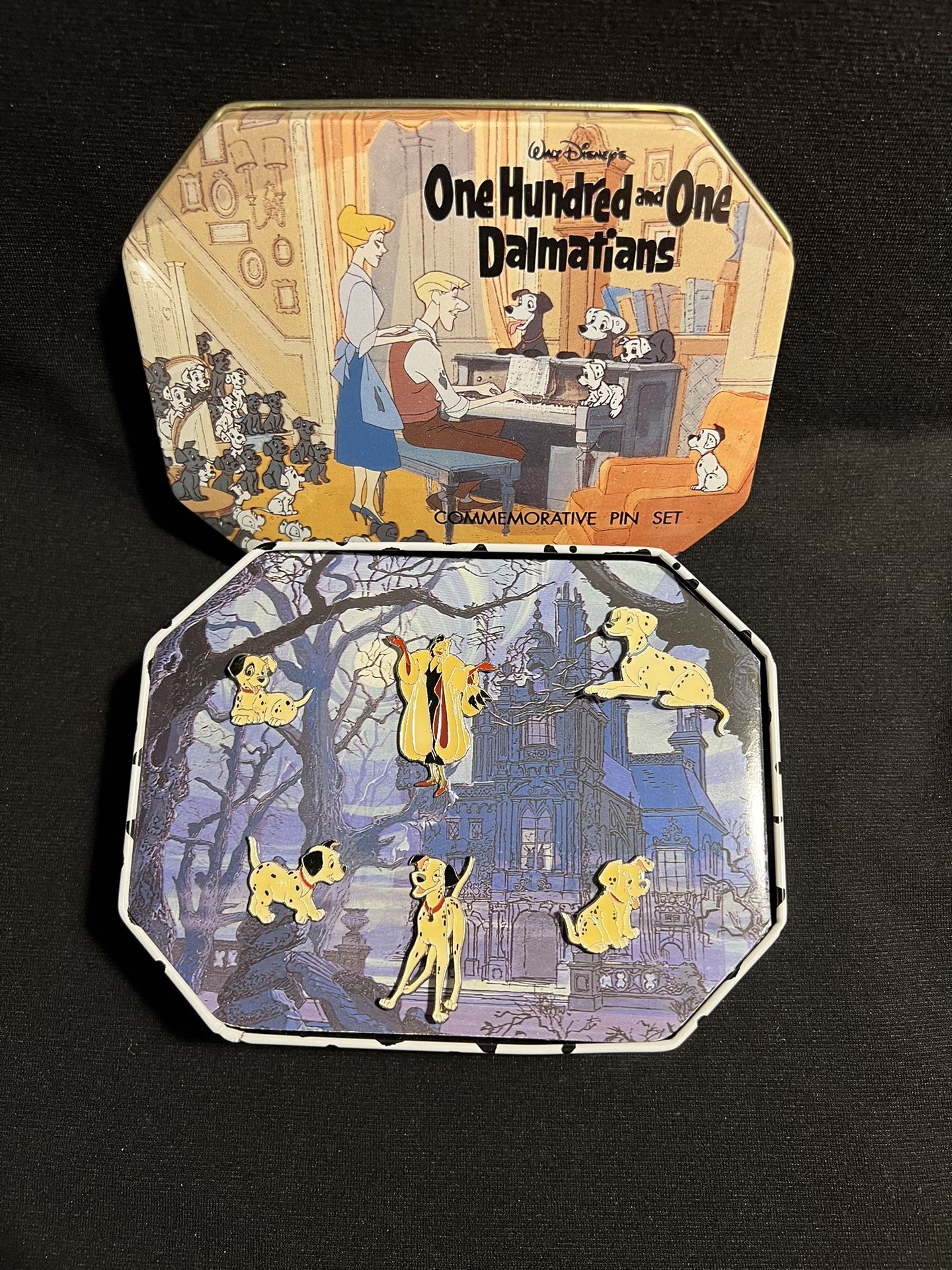 1996 Disney 101 Dalmatians Commemorative Six Pin Set In tin Box