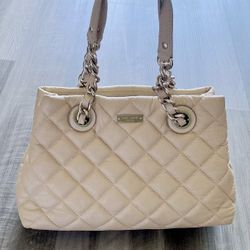Kate Spade New York Quilted Light Beige Leather Satchel / Shoulder Bag