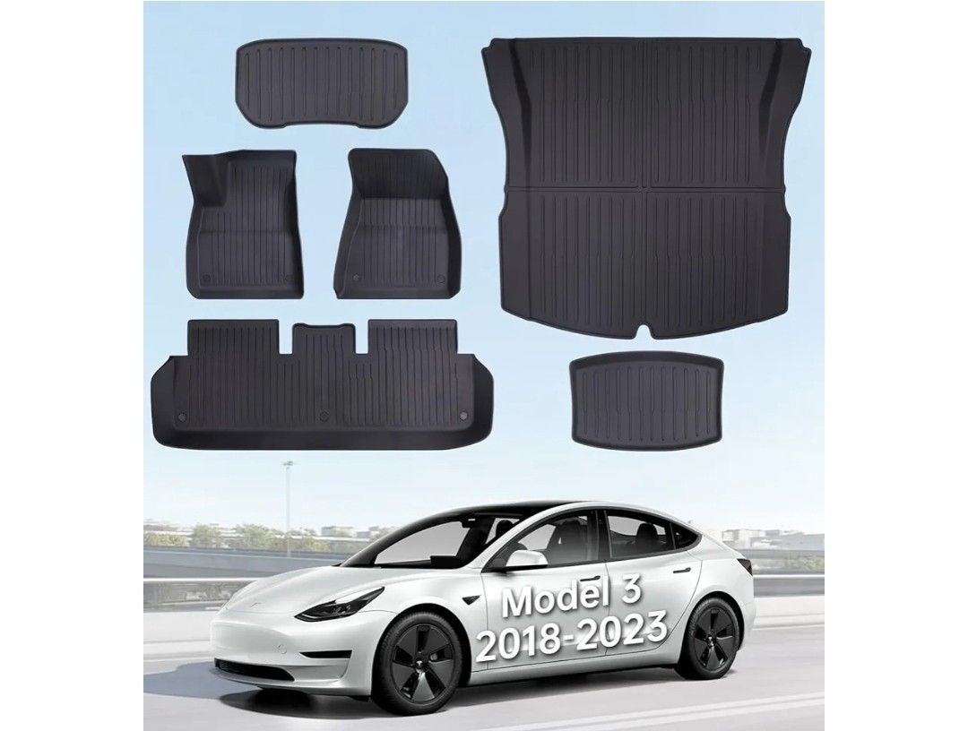 Floor Mats for Model 3 2023-2018 - Full Set All Weather TPE Front, Rear, Cargo & Sub-Trunk Mats, 6-Piece Custom Fit