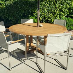 Teak patio set, Janus et Cie 65" table and 6 Harbour Outdoor stainless steel chairs 