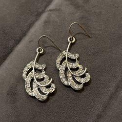 Silver tone Rhinestone Leaf Dangly Earrings 