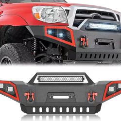 for Tacoma Front Bumper Compatible with 2005-2015 Toyota Tacoma 2nd Gen Pickup Truck Bumper w/Skid Plate, Winch Plate, 5 x 18W LED Lights, License Pla