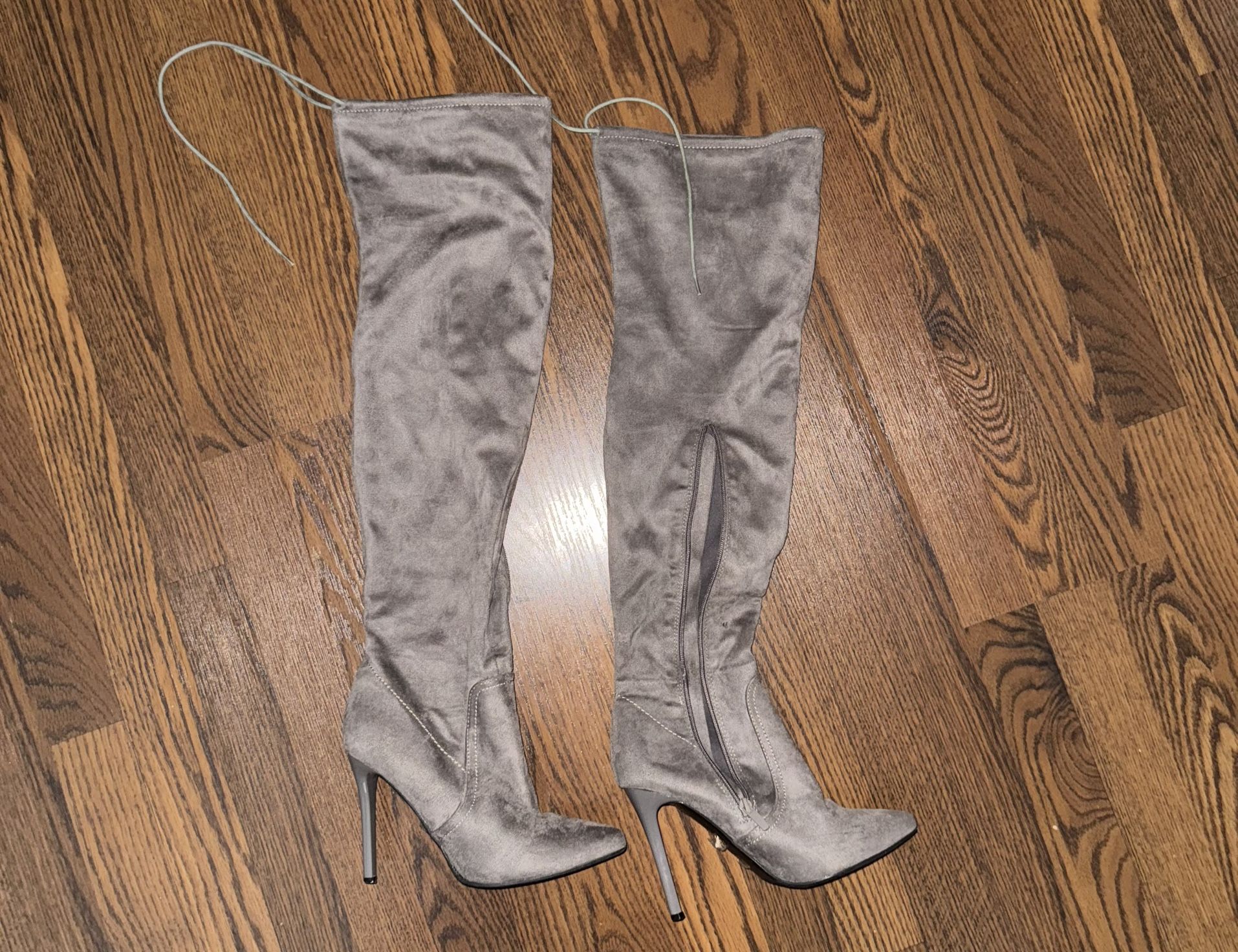 Grey Heeled Thigh High Boots