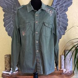 Love &amp; Legend button Down Jacket With Floral Embroidery
