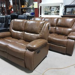 Gorgeous Genuine Top Grain Leather Reclining Sofa Set. /. Living Room Set 