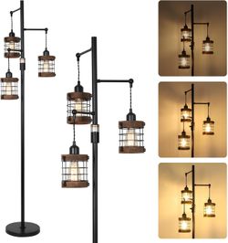 Airposta Dimmable Floor Lamps for Living Room, 3-Light Industrial Floor Lamp with Wood & Metal Cage