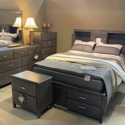 Caitbrook Gray Bookcase Storage Platform Bedroom Set