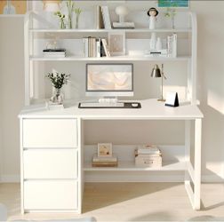 White Desk with Hutch, 47 Inch Computer Desk with 3 Drawers Study Writing Desk with Shelves for Small Spaces, Adjustable Feet