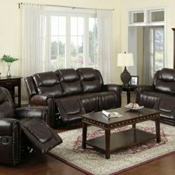 Brand New Brown Leather Nail Studded Reclining Sofa Loveseat & Chair 