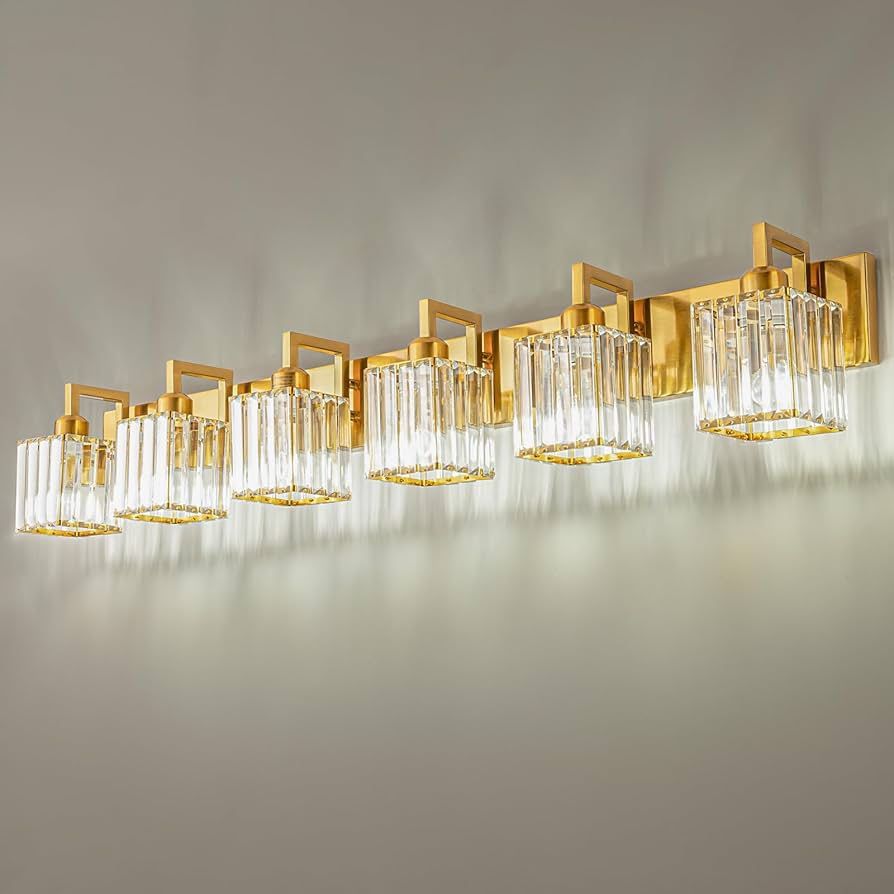 ONLY $65: Modern Crystal Bathroom Vanity Light - 6-Lights Gold Brushed Brass Finish Wall Lamp
