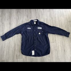 Carhartt FR Men Button Up Shirt XL Blue 392-20 Workwear Logo Long Sleeve Used