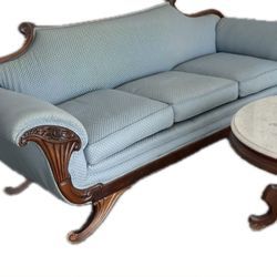 Duncan Phyfe Style Sofa With Three Antique Marble Top Tables 