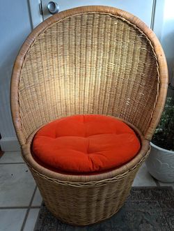 Vintage Wicker Hoop Barrel Chair with Orange Cushion