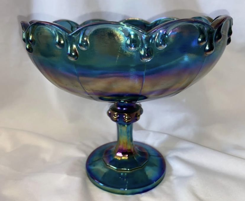 Oversized Blue Carnival Glass Footed Vintage Tear Drop Vase Bowl