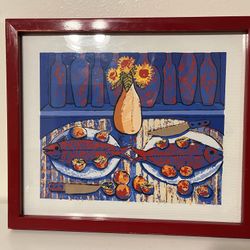 Candido Bido Serigraph On Canvas Still Life With Sunflowers And Fish