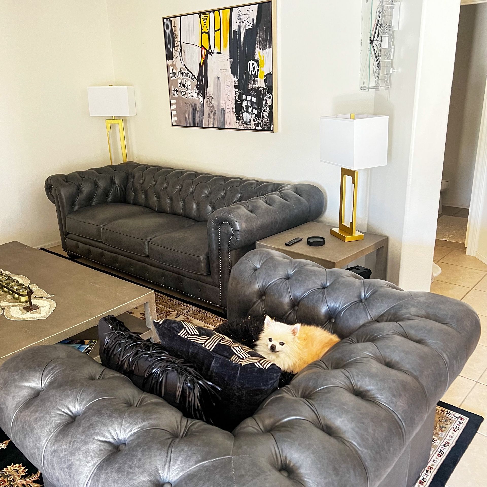 Nearly New Black Oversized Chesterfield Sofa And Matching Chair