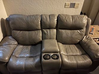 Gray Leather Reclining Loveseat with Console