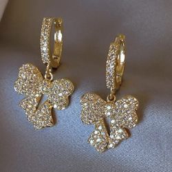 14k gold plated pave crystal bow hoop dangle earrings