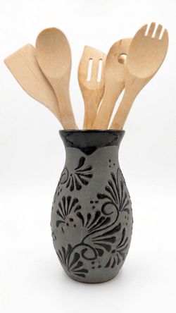 Handcrafted Mexican Ceramic Vase - Grey & Black Floral Pottery ($20)