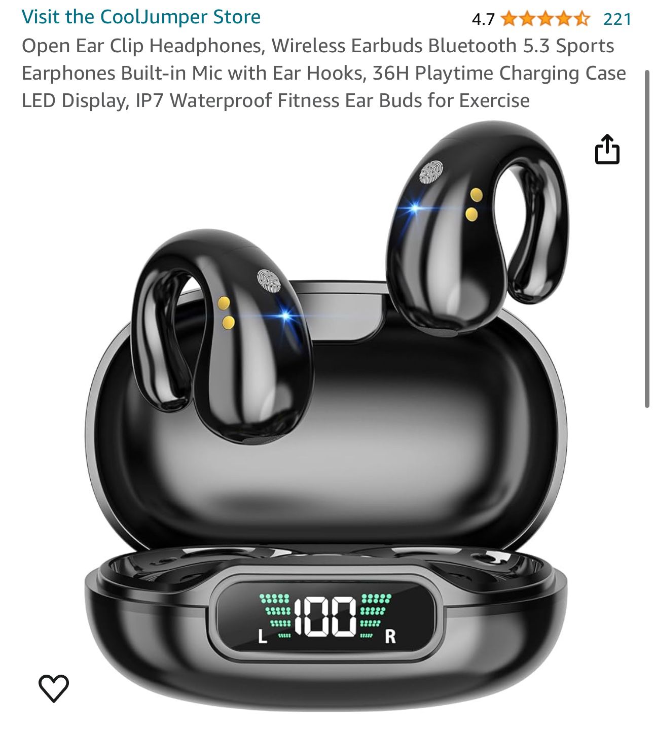 Open Ear Clip Headphones, Wireless Earbuds Bluetooth 5.3 Sports Earphones Built-in Mic with Ear Hooks, 36H Playtime Charging Case LED Display, IP7 Wat