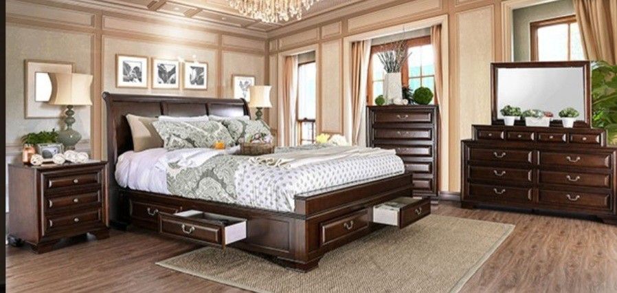 Brand New Brown Cherry 4pc Queen Bedroom Set (Available In California & Eastern King)