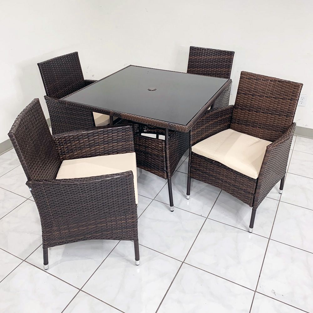 New in Box $250 (5pcs) Wicker Dining Set Outdoor Patio Furniture 35x35” Glass Table with Umbrella Cutout, 4 Chairs,New Products : American Fashion Style Bags On Sale