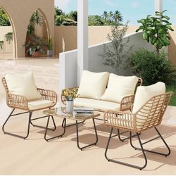 4-Piece Outdoor Patio Furniture Set with Cushions & Tempered Glass Table, All-Weather Rattan Bistro Set