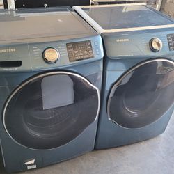 Samsung Front Load Washer And Stackable Gas Dryer Set In Blue 