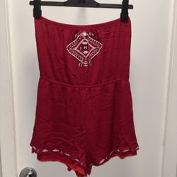 Red Strapless Romper with Embroidery Size L