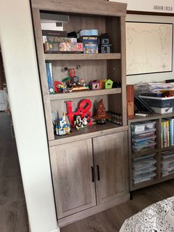 Gray Wood Bookcase with Cabinet Doors