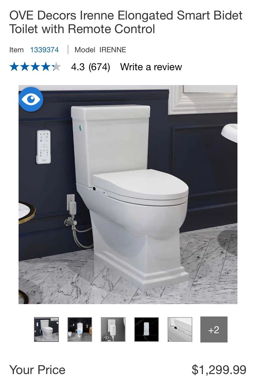 OVE Decors Irenne Elongated Smart Bidet Toilet with Remote Control